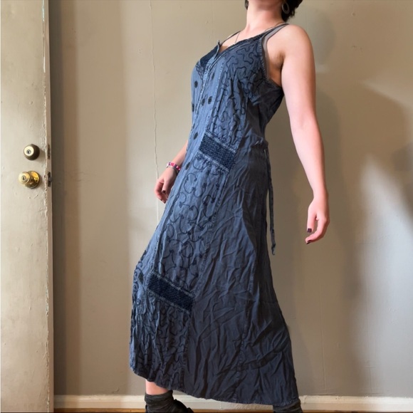 Denim Blue Button Maxi Dress Embroidery Waist Snatched Cottage Cute Demure Fairy - Picture 6 of 8